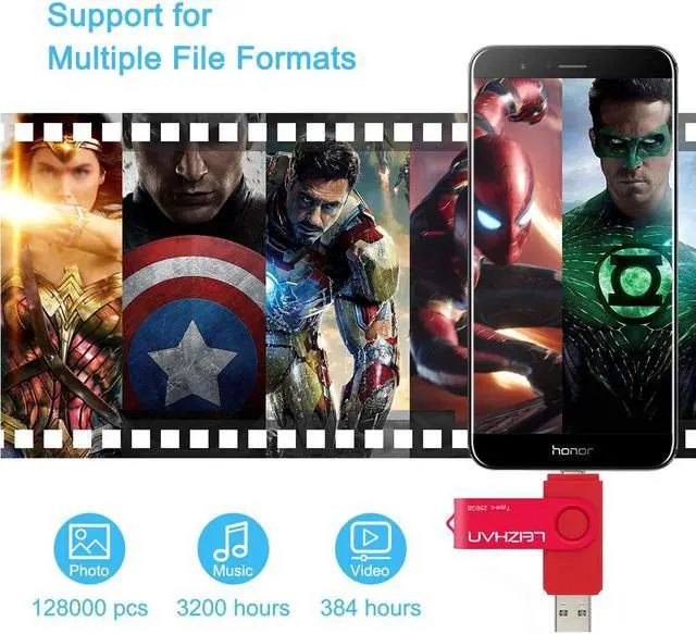 Alt view image 2 of 5 - leizhan 256GB USB-C Flash Drive, Type-C USB Drive 3.0 for Samsung Galaxy Note10, S10,Note 9, S9, Note 8,S8,Google Pixel, Red