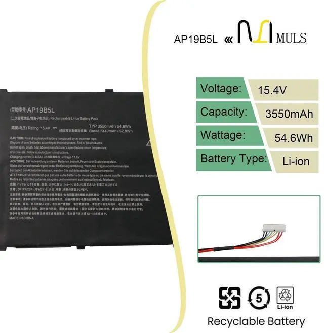 Alt view image 2 of 5 - AP19B5L Laptop Battery Replacement for ACER Aspire 5 A515-43 A515-43-R19L A515-43-R73N A515-43-R6MB A515-43G A515-52 A515-52G SF314-42 SF314-42-R2VJ SF314-42-R2CZ SP314-21N-R5FR Vero AV15-51 54.6Wh