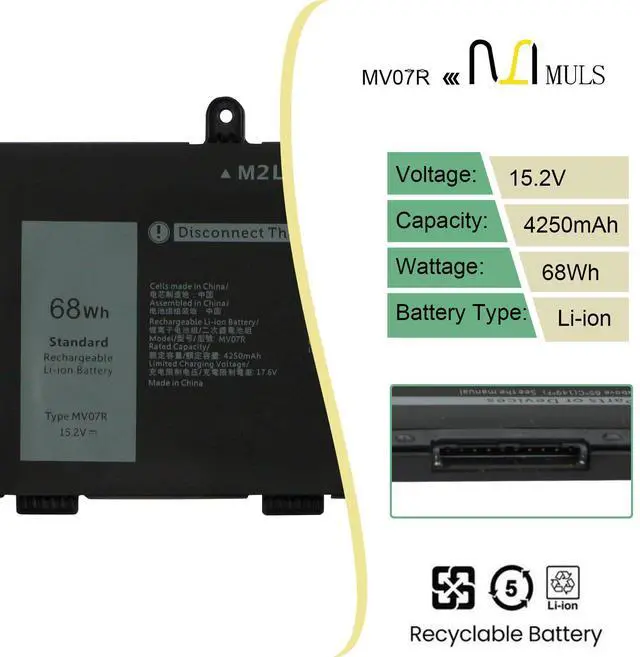 Alt view image 2 of 5 - MULS 68Wh MV07R Laptop Battery Compatible with Dell G3 15 3500 3590 3700 3790 G5 15 5500 5505 266J9 0JJRRD 0415CG C9VNH 0PN1VN 0M4GWP 15.2V 4250mAh 4 Cell