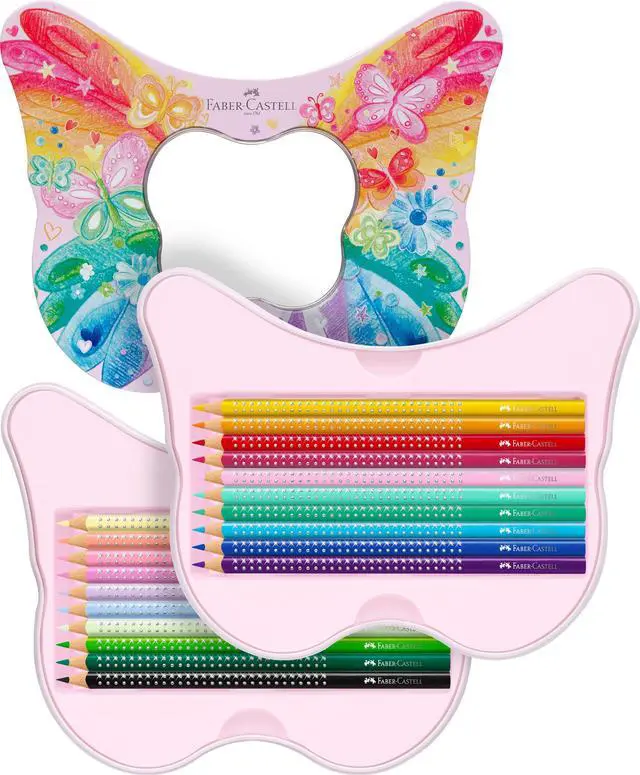 Alt view image 5 of 5 - Faber-Castell Gift Set - Sparkle Colouring Pencils in Butterfly Shape Tin - 20 x Pencils inc Stickers