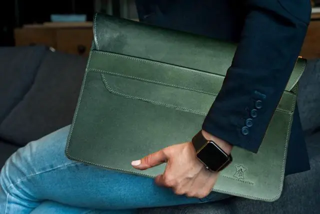 Alt view image 4 of 5 - AHS Green Premium Hardwax Leather Sleeve for MacBook Pro 13", 14" & 16" | Envelope Design | 6 Ply Nylon Stitching | Green | Rounded Corners | Black Edge Finishing (Green for 16" MacBook)