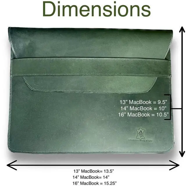 Alt view image 3 of 5 - AHS Green Premium Hardwax Leather Sleeve for MacBook Pro 13", 14" & 16" | Envelope Design | 6 Ply Nylon Stitching | Green | Rounded Corners | Black Edge Finishing (Green for 16" MacBook)