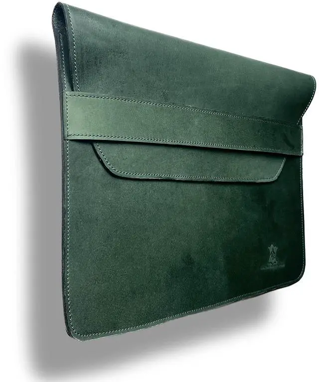 Alt view image 2 of 5 - AHS Green Premium Hardwax Leather Sleeve for MacBook Pro 13", 14" & 16" | Envelope Design | 6 Ply Nylon Stitching | Green | Rounded Corners | Black Edge Finishing (Green for 16" MacBook)