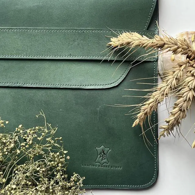 Alt view image 5 of 5 - AHS Green Premium Hardwax Leather Sleeve for MacBook Pro 13", 14" & 16" | Envelope Design | 6 Ply Nylon Stitching | Green | Rounded Corners | Black Edge Finishing (Green for 16" MacBook)