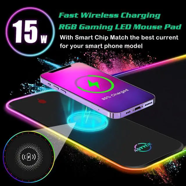 Alt view image 2 of 5 - RGB LED Mouse Pad with 15W Wireless Charger Gaming Mouse Pad with 10 Light Modes, Extra Large Mousepad Non-Slip Rubber Base Computer Keyboard Mat for Men