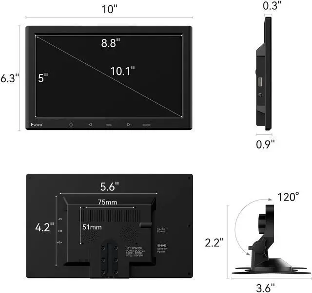 Alt view image 5 of 5 - Eyoyo 10 Inch Mini Monitor - 1024x600 Small Computer Screen with HDMI VGA AV USB Input for Security, LCD PC, Home, Office, POS Systems, Car