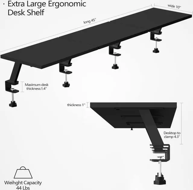 Alt view image 3 of 5 - Extra-Large 45-Inch Wood Clamp On Desk Monitor Shelf with Spacious Storage Space - Fits 60-inch or Dual 32-inch Screens, C-Clamp Design with Rubber Pad, Max Load 44lbs