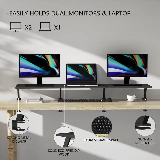 Alt view image 2 of 5 - Extra-Large 45-Inch Wood Clamp On Desk Monitor Shelf with Spacious Storage Space - Fits 60-inch or Dual 32-inch Screens, C-Clamp Design with Rubber Pad, Max Load 44lbs