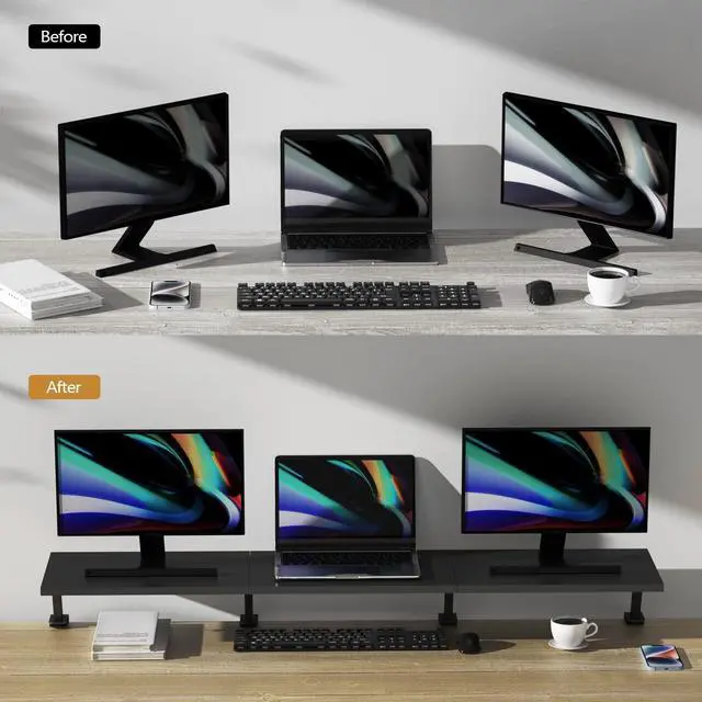 Alt view image 5 of 5 - Extra-Large 45-Inch Wood Clamp On Desk Monitor Shelf with Spacious Storage Space - Fits 60-inch or Dual 32-inch Screens, C-Clamp Design with Rubber Pad, Max Load 44lbs