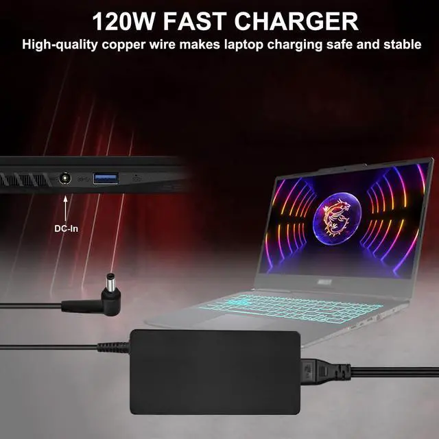 Alt view image 4 of 5 - 20V 6A Charger for MSI Thin GF63 13 12 11th Laptop MSI GV15 Thin MSI Cyborg 15 A12V A13V Summit E16 Flip A13V Power Supply MSI GF63 Thin Charger MSI Creator M14 Power Cord