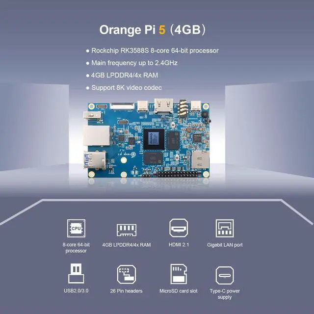 Alt view image 3 of 5 - Orange Pi 5 4GB Rockchip RK3588S 8-Core 64 Bit Single Board Computer, Up to 2.4GHz and 8K Video Codec Support Development Board Run Orange Pi/Ubuntu/Debian/Android 12 OS (4GB+ Power Supply)