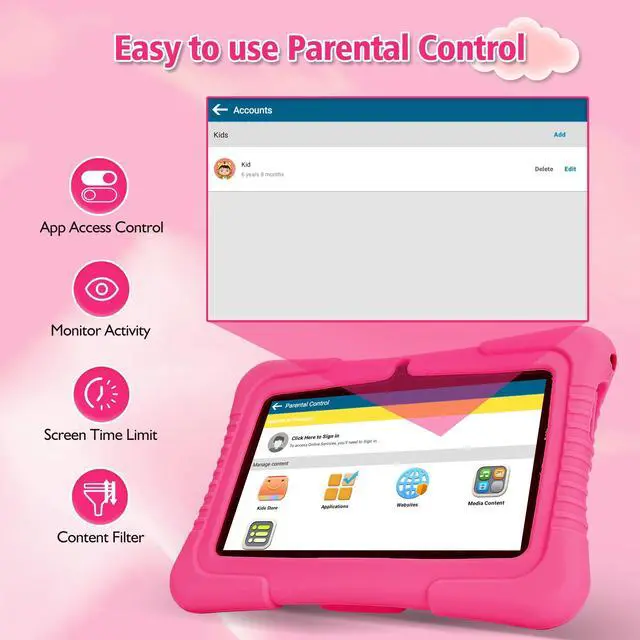 Alt view image 5 of 5 - Veidoo Kids 7" Android Tablet PC, 2GB RAM, 32GB ROM, Safety Eye Protection, WiFi, Dual Camera, Games, Parental Control APP, with Silicone Case (Pink)