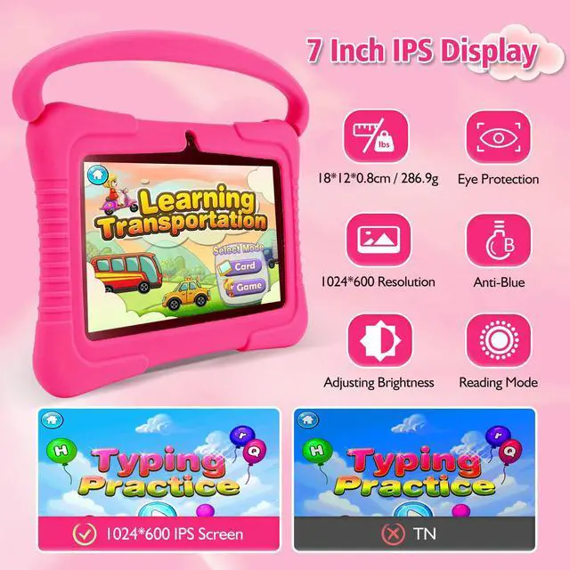 Alt view image 4 of 5 - Veidoo Kids 7" Android Tablet PC, 2GB RAM, 32GB ROM, Safety Eye Protection, WiFi, Dual Camera, Games, Parental Control APP, with Silicone Case (Pink)