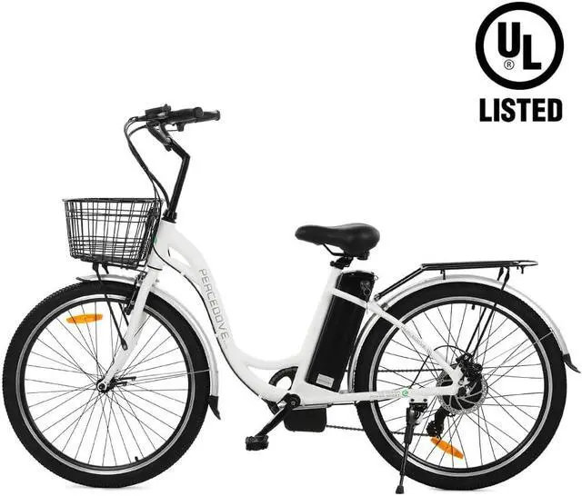 Main image of Ecotric 36V 10AH 350W 26inch Commute Step-Through White Peacedove electric city bike with basket, Shimano 7-speed and rear rack