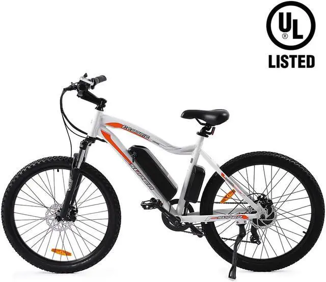 Main image of Ecotric UL Certified 36V 500W white Leopard Electric Mountain Bicycle, front suspension fork, Shimano 7-speed, LCD display