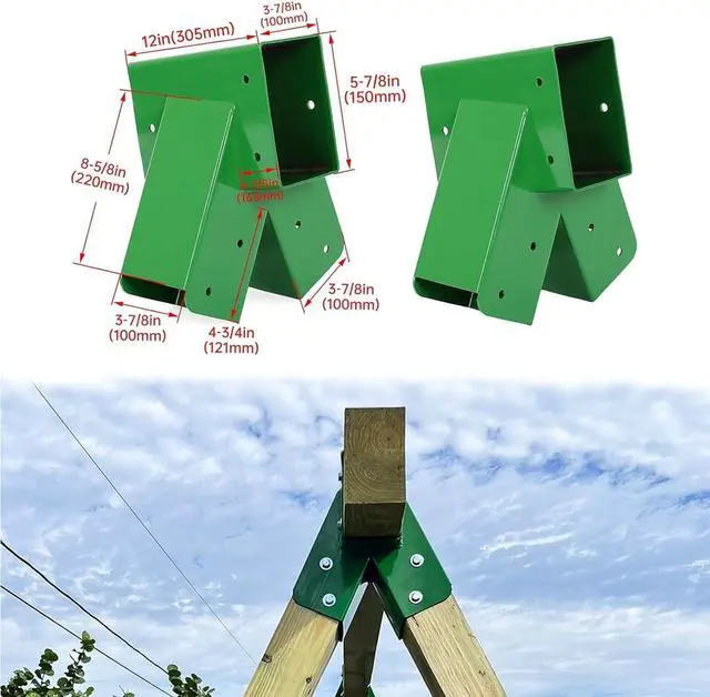 Main image of Ecotric 2 Pcs A-Frame Swing Set Bracket Heavy Duty Steel Green w/Mounting Hardware (2 Brackets) for 2 (4" x 4") Legs & 1 (4" x 6") Beam
