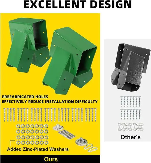 Alt view image 2 of 7 - Ecotric 2 Pcs A-Frame Swing Set Bracket Heavy Duty Steel Green w/Mounting Hardware (2 Brackets) for 2 (4" x 4") Legs & 1 (4" x 6") Beam
