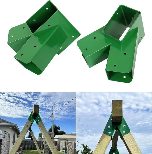Alt view image 3 of 7 - Ecotric 2 Pcs A-Frame Swing Set Bracket Heavy Duty Steel Green w/Mounting Hardware (2 Brackets) for 2 (4" x 4") Legs & 1 (4" x 6") Beam