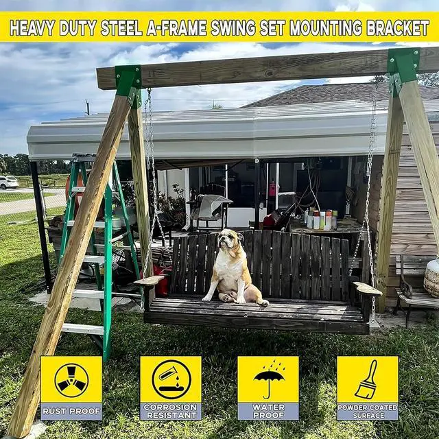 Alt view image 5 of 7 - Ecotric 2 Pcs A-Frame Swing Set Bracket Heavy Duty Steel Green w/Mounting Hardware (2 Brackets) for 2 (4" x 4") Legs & 1 (4" x 6") Beam