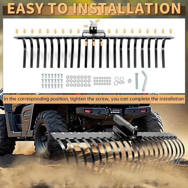 Alt view image 6 of 7 - Ecotric 60 Inch Landscape Rake Fit for 2 Inch Receiver ATV UTV SxS Features 48" or 60" Accessory Tool Bar & 3 Point Hitch System Powder Coated Steel
