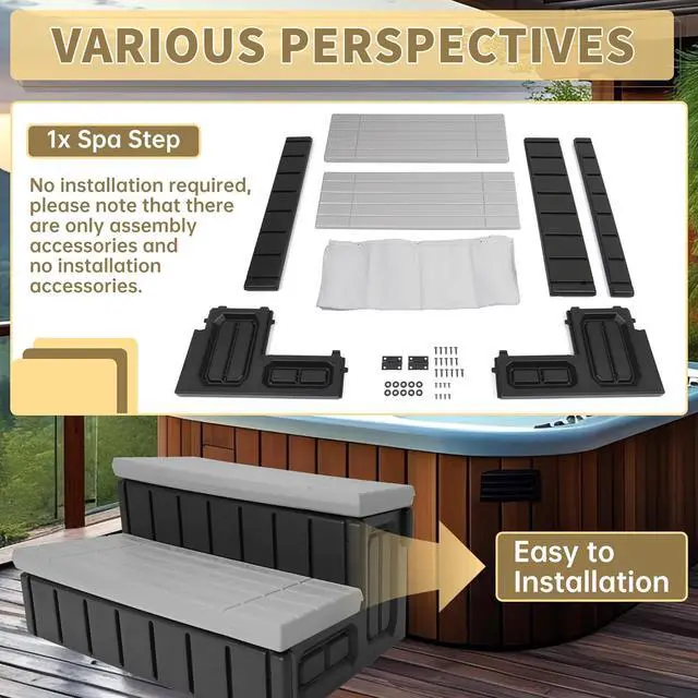 Alt view image 6 of 7 - Ecotric Universal Spa Hot Tub Step with Storage, Outdoor Indoor Compartment Spa 2-Step Stool Pool Ladder Handi Step Slip Resistant Striped Dark Gray+Black 350lbs Load Capacity