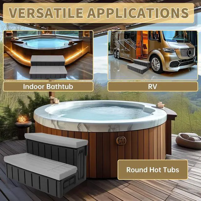 Main image of Ecotric Universal Spa Hot Tub Step with Storage, Outdoor Indoor Compartment Spa 2-Step Stool Pool Ladder Handi Step Slip Resistant Striped Dark Gray+Black 350lbs Load Capacity