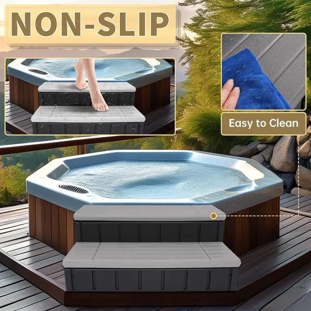 Alt view image 2 of 7 - Ecotric Universal Spa Hot Tub Step with Storage, Outdoor Indoor Compartment Spa 2-Step Stool Pool Ladder Handi Step Slip Resistant Striped Dark Gray+Black 350lbs Load Capacity
