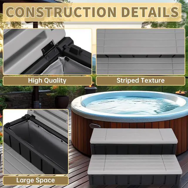 Alt view image 5 of 7 - Ecotric Universal Spa Hot Tub Step with Storage, Outdoor Indoor Compartment Spa 2-Step Stool Pool Ladder Handi Step Slip Resistant Striped Dark Gray+Black 350lbs Load Capacity