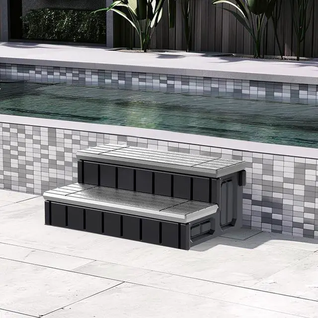 Alt view image 7 of 7 - Ecotric Universal Spa Hot Tub Step with Storage, Outdoor Indoor Compartment Spa 2-Step Stool Pool Ladder Handi Step Slip Resistant Striped Dark Gray+Black 350lbs Load Capacity