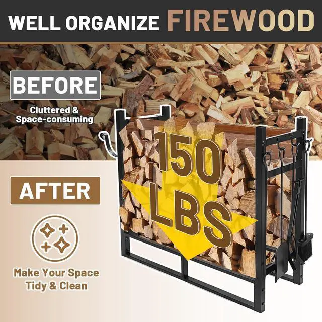 Alt view image 6 of 7 - Ecotric 33 Inch Firewood Rack W/Kindling Holder Include Shovel Poker Tongs Brush Heavy Duty Steel Indoor Outdoor Fireplace Log Rack Steel Powder Coated