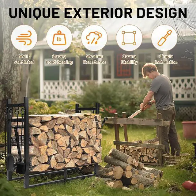 Alt view image 7 of 7 - Ecotric 33 Inch Firewood Rack W/Kindling Holder Include Shovel Poker Tongs Brush Heavy Duty Steel Indoor Outdoor Fireplace Log Rack Steel Powder Coated