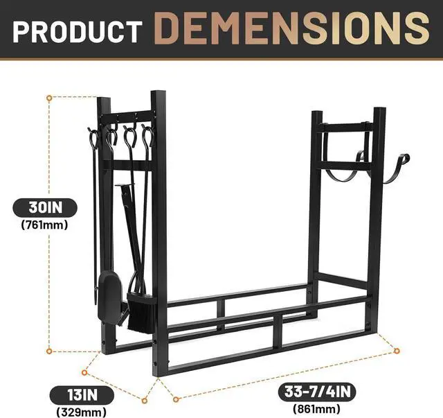 Alt view image 2 of 7 - Ecotric 33 Inch Firewood Rack W/Kindling Holder Include Shovel Poker Tongs Brush Heavy Duty Steel Indoor Outdoor Fireplace Log Rack Steel Powder Coated