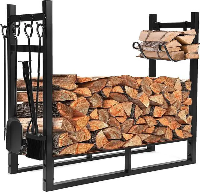 Alt view image 3 of 7 - Ecotric 33 Inch Firewood Rack W/Kindling Holder Include Shovel Poker Tongs Brush Heavy Duty Steel Indoor Outdoor Fireplace Log Rack Steel Powder Coated