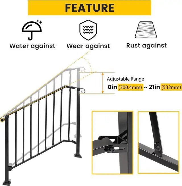 Alt view image 3 of 7 - Ecotric Handrails for Outdoor Steps, 4-5 Steps Adjustable Outdoor Garden Railing for Stairs Black Steel Powder Coated Heavy Duty