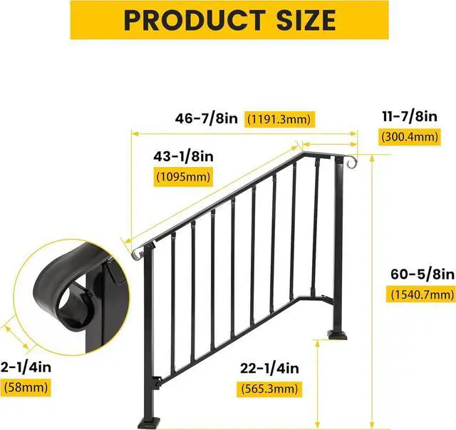 Alt view image 2 of 7 - Ecotric Handrails for Outdoor Steps, 4-5 Steps Adjustable Outdoor Garden Railing for Stairs Black Steel Powder Coated Heavy Duty