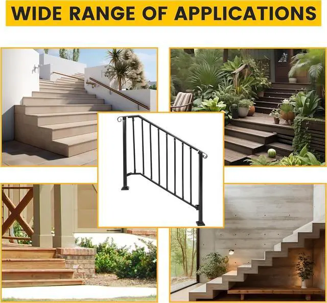Alt view image 5 of 7 - Ecotric Handrails for Outdoor Steps, 4-5 Steps Adjustable Outdoor Garden Railing for Stairs Black Steel Powder Coated Heavy Duty