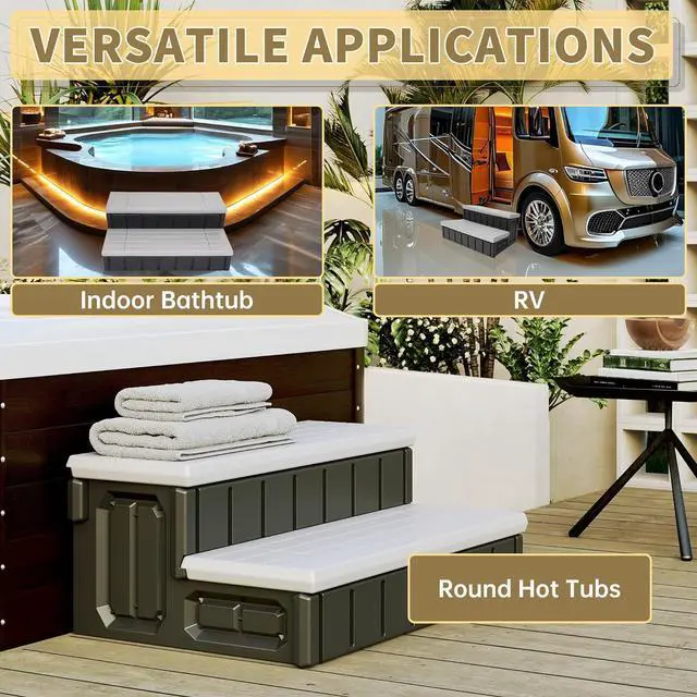 Main image of Ecotric Universal Spa Hot Tub Steps with Storage, 350lbs Load Capacity, Outdoor Indoor Compartment, Spa Steps, Slip Resistant Striped, Light Gray+Black, 36inch
