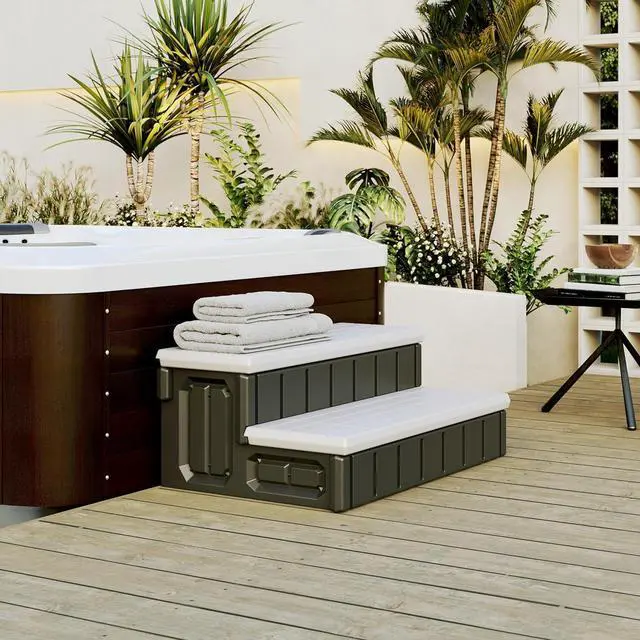 Alt view image 5 of 7 - Ecotric Universal Spa Hot Tub Steps with Storage, 350lbs Load Capacity, Outdoor Indoor Compartment, Spa Steps, Slip Resistant Striped, Light Gray+Black, 36inch