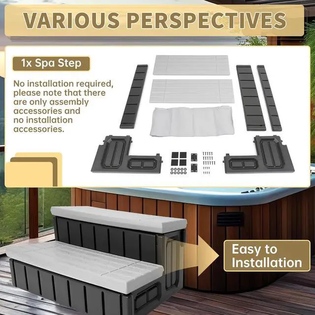 Alt view image 3 of 7 - Ecotric Universal Spa Hot Tub Steps with Storage, 350lbs Load Capacity, Outdoor Indoor Compartment, Spa Steps, Slip Resistant Striped, Light Gray+Black, 36inch