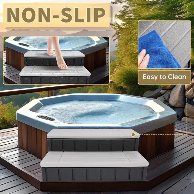 Alt view image 7 of 7 - Ecotric Universal Spa Hot Tub Steps with Storage, 350lbs Load Capacity, Outdoor Indoor Compartment, Spa Steps, Slip Resistant Striped, Light Gray+Black, 36inch