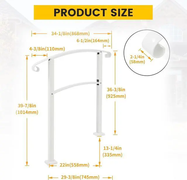 Alt view image 2 of 7 - Ecotric 3FT Step Hand Rail for Outdoor Steps Compatible with 2-3 Steps Adjustable Steel Handrails Outdoor Railing for Stairs White Powder Coated Heavy Duty