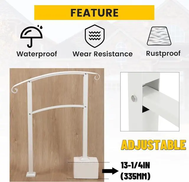 Alt view image 4 of 7 - Ecotric 3FT Step Hand Rail for Outdoor Steps Compatible with 2-3 Steps Adjustable Steel Handrails Outdoor Railing for Stairs White Powder Coated Heavy Duty