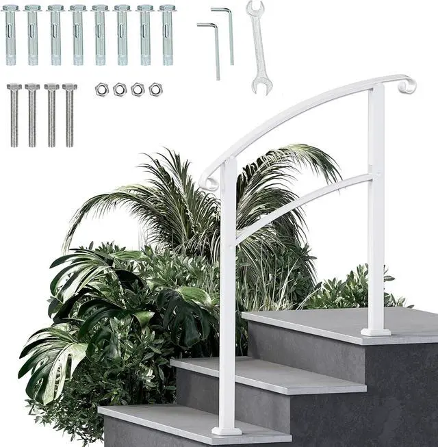 Alt view image 5 of 7 - Ecotric 3FT Step Hand Rail for Outdoor Steps Compatible with 2-3 Steps Adjustable Steel Handrails Outdoor Railing for Stairs White Powder Coated Heavy Duty