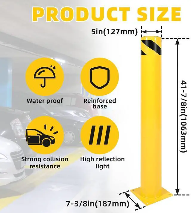 Alt view image 3 of 7 - Ecotric 42 inch Steel Safety Bollard Parking Barrier Post Safety Bollard Universal for Outdoor Sidewalks Entrances Parking Lots Powder Coat Pipe Steel Bolts Yellow 42" x 5"