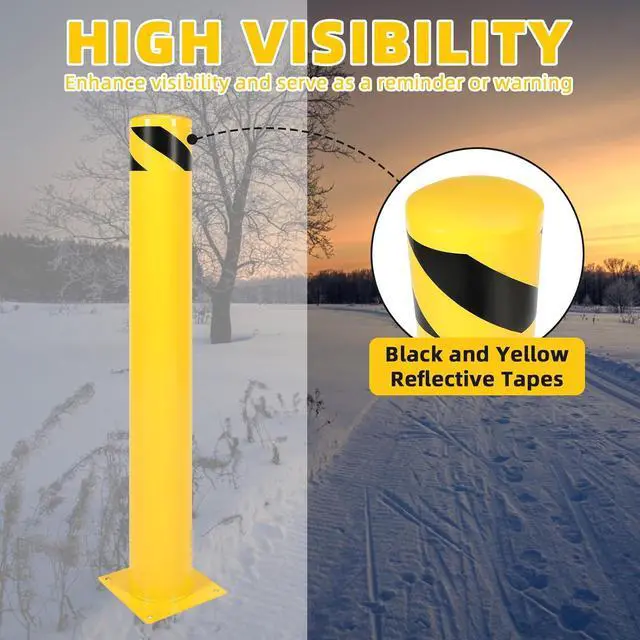 Alt view image 4 of 7 - Ecotric 42 inch Steel Safety Bollard Parking Barrier Post Safety Bollard Universal for Outdoor Sidewalks Entrances Parking Lots Powder Coat Pipe Steel Bolts Yellow 42" x 5"