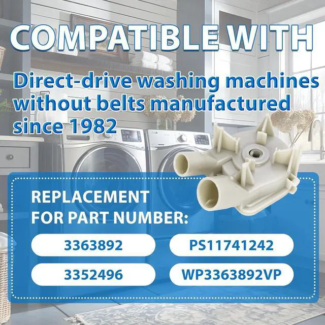 Alt view image 6 of 7 - Ecotric 3363394 Washer Drain Pump Compatible with Direct-Drive Washing Machines Whirlpool, Kenmore, KitchenAid Plastic Replacement for 3363892 3352496 PS11741242 WP3363892VP B00MS2G6JC