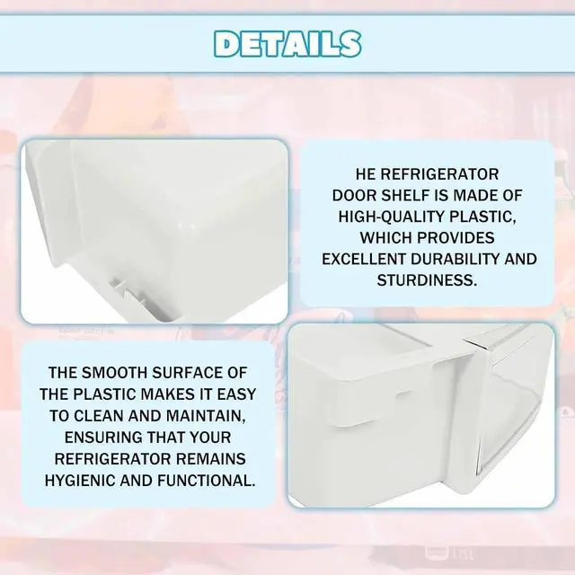 Alt view image 3 of 7 - Ecotric WPW10493524 7WF736SDAM10 Replacement Refrigerator Door Shelf Compatible with Whirlpool W10493524 WRF736SDAB10 WRF736SDAF10 Refrigerator Door Bin White+Clear Plastic