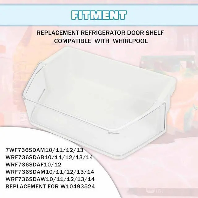 Alt view image 5 of 7 - Ecotric WPW10493524 7WF736SDAM10 Replacement Refrigerator Door Shelf Compatible with Whirlpool W10493524 WRF736SDAB10 WRF736SDAF10 Refrigerator Door Bin White+Clear Plastic