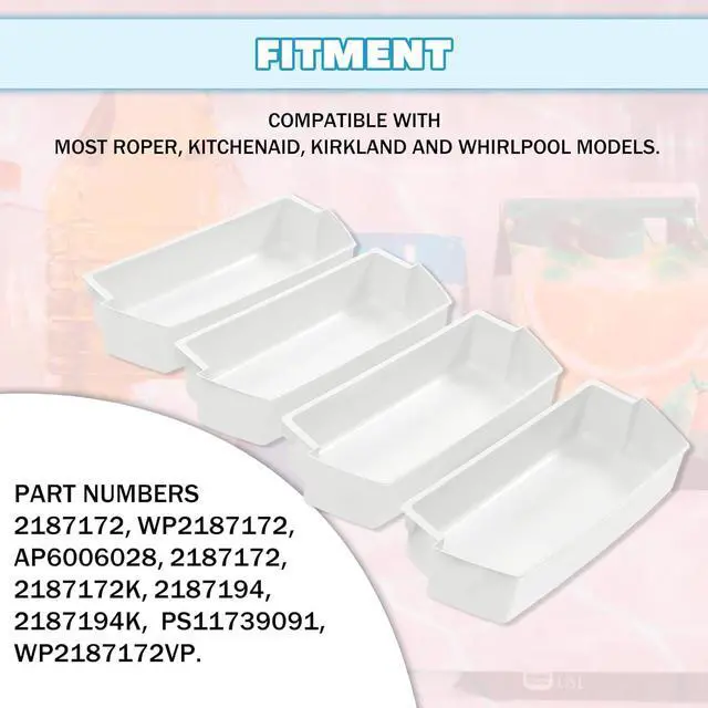 Alt view image 2 of 7 - Ecotric 2187172 Replacement Refrigerator Door Bin Shelf Compatible with Most Roper, Kitchenaid, Kirkland and Whirlpool models Refrigerator Door Bin White - 4 PCS