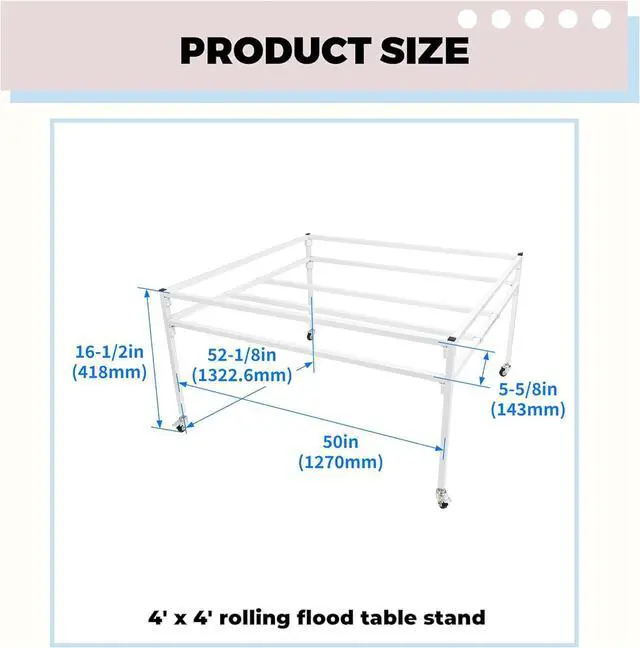 Alt view image 2 of 7 - Ecotric 4' x 4' Rolling Flood Table Stand Fit All Popular Brand (ID) Trays and Reservoirs for Hydroponic Germination Trays w/ 2 Swivel Caster Wheels Tool-free Steel Powder Coated White Bracket